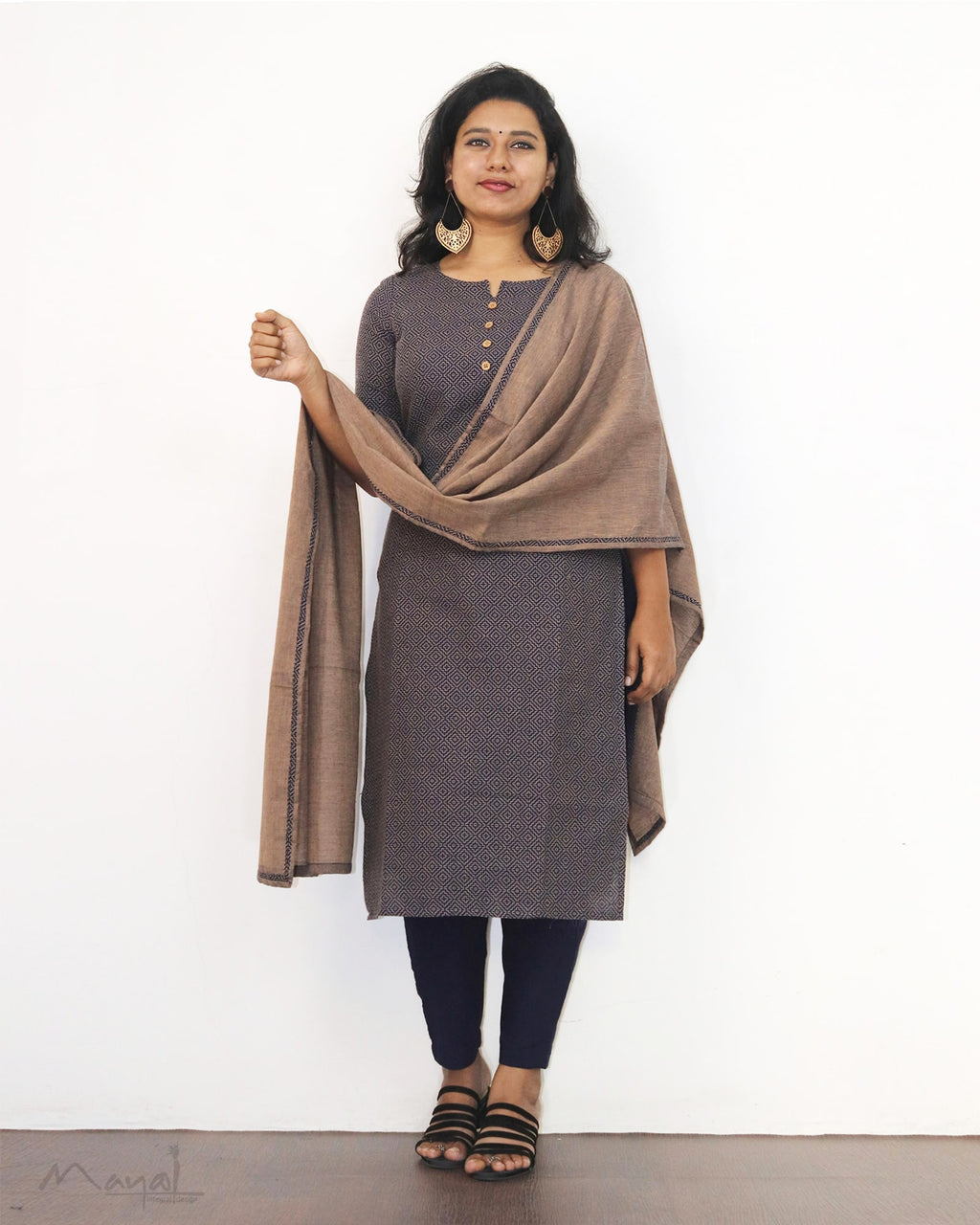 Dark Blue Self Design Jacquard Cotton Kurta