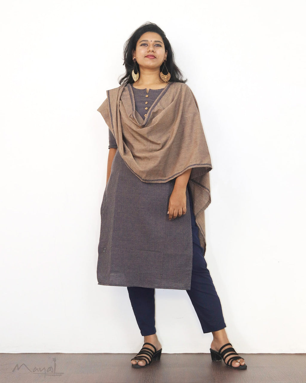Dark Blue Self Design Jacquard Cotton Kurta