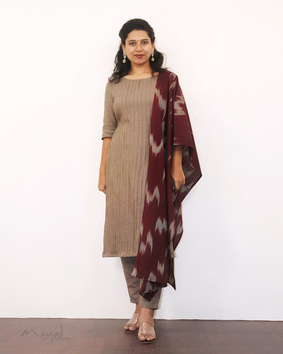 Beige Pintuck Solid Kurta