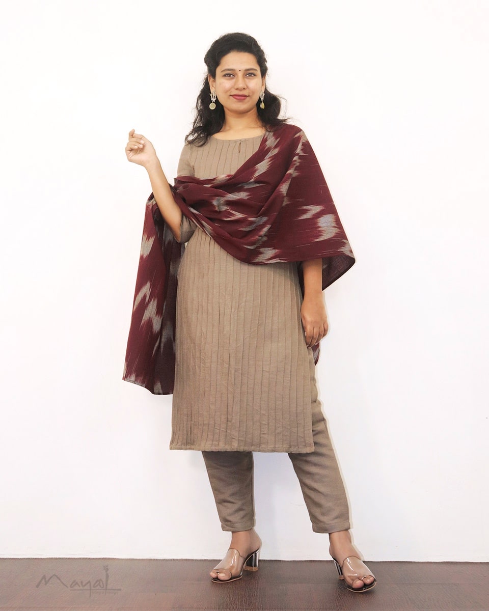 Beige Pintuck Solid Kurta