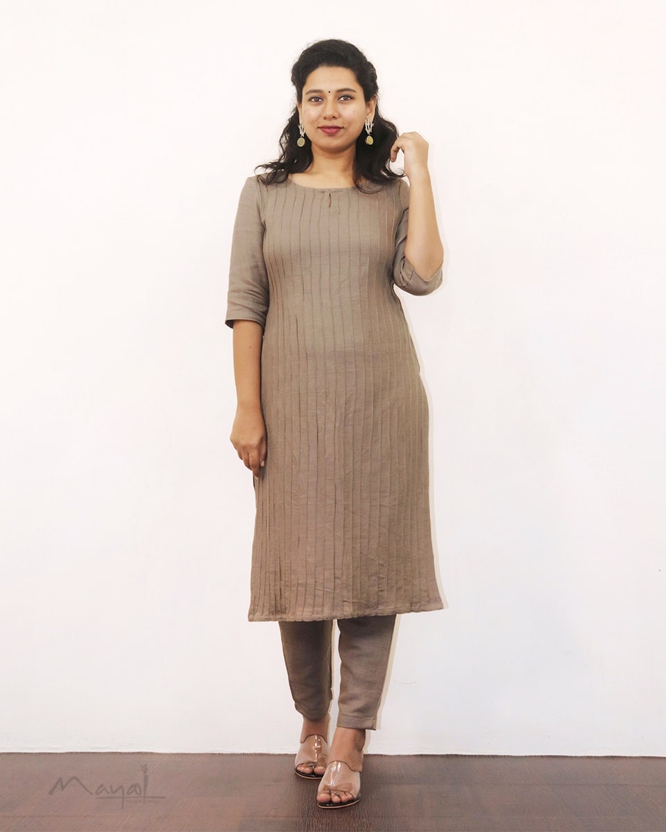 Beige Pintuck Solid Kurta