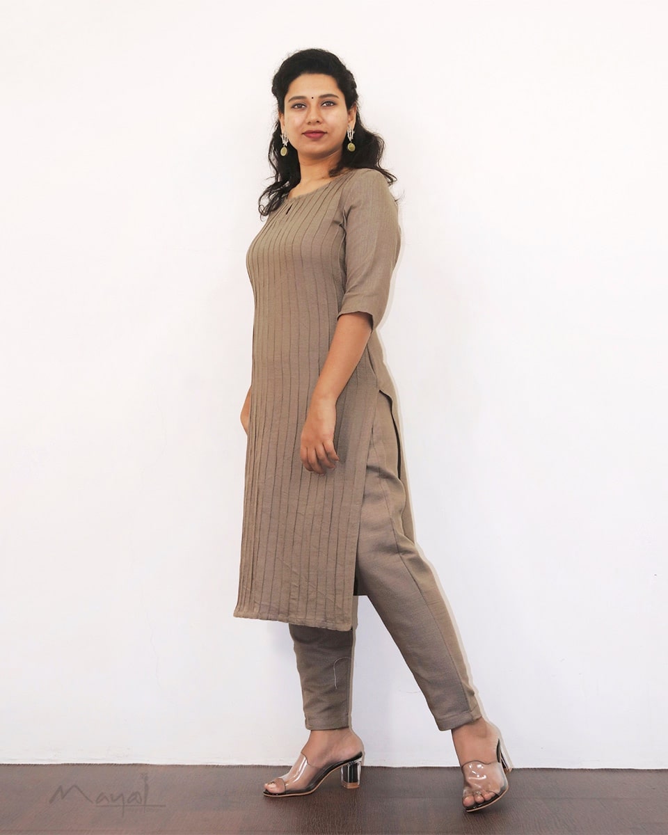 Beige Pintuck Solid Kurta