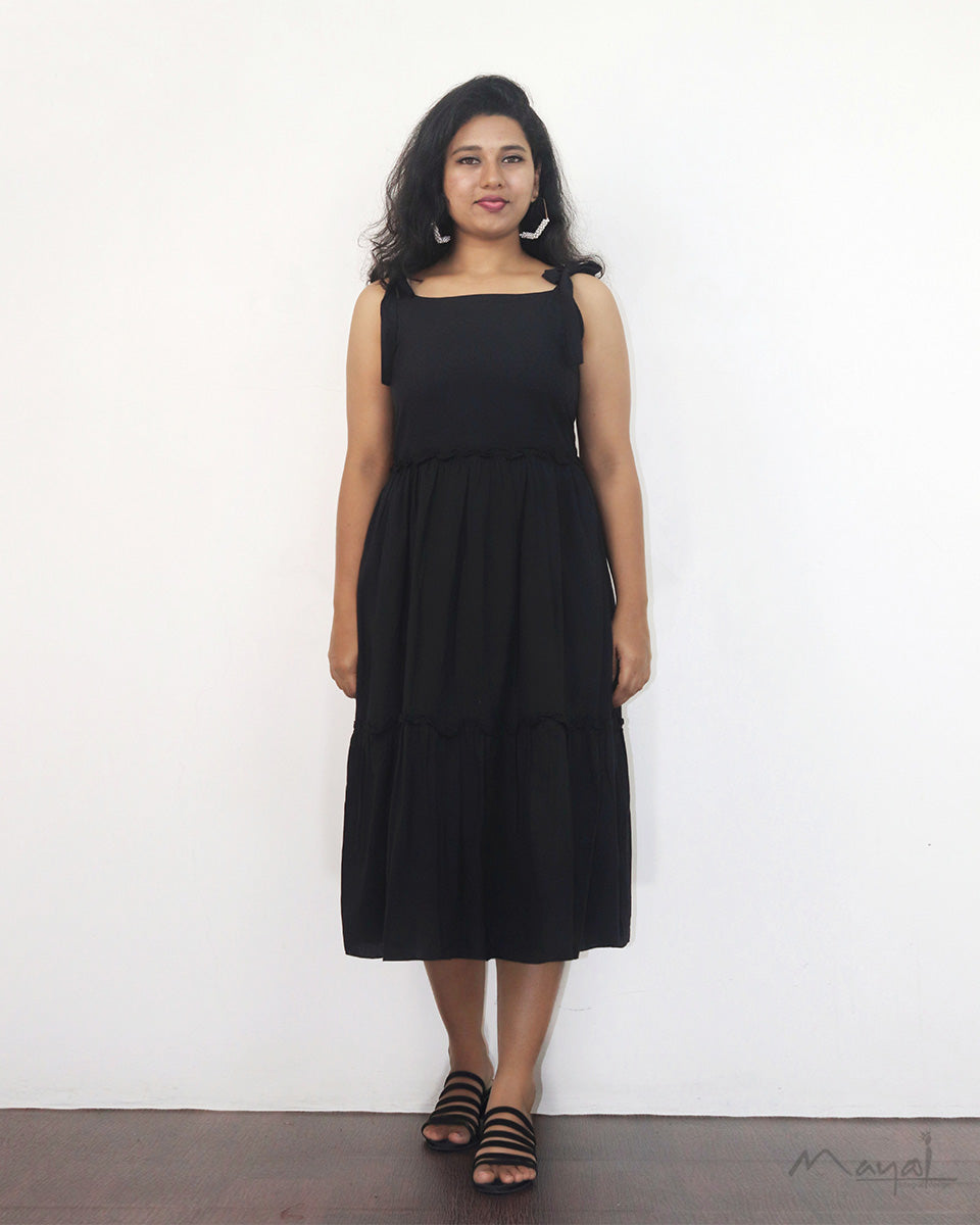 Black Cotton Fit And Flare Dresses With Overcoat