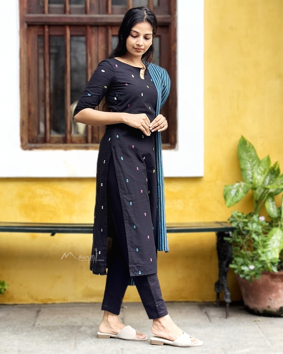 Black Multicolour Cotton Kurta