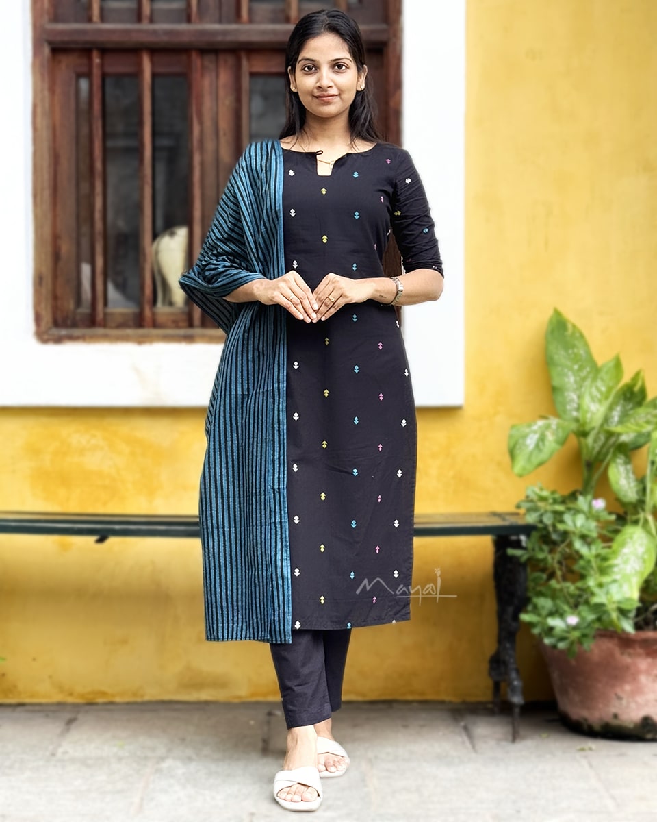 Black Multicolour Cotton Kurta