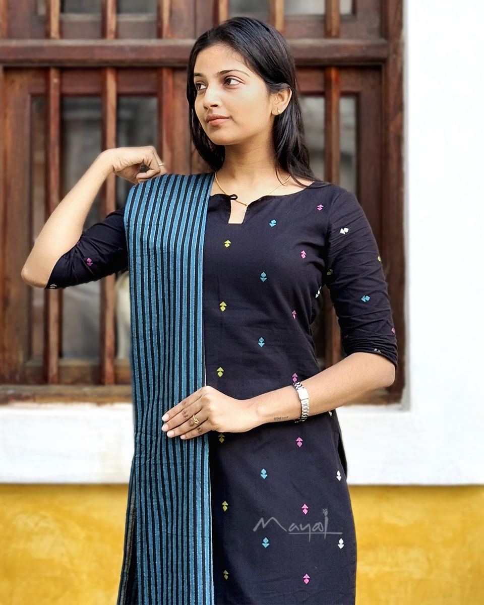 Black Multicolour Cotton Kurta