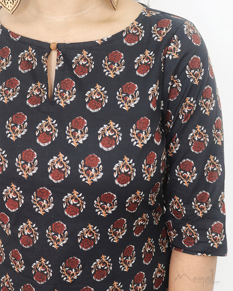 Black Printed Cotton Kurta
