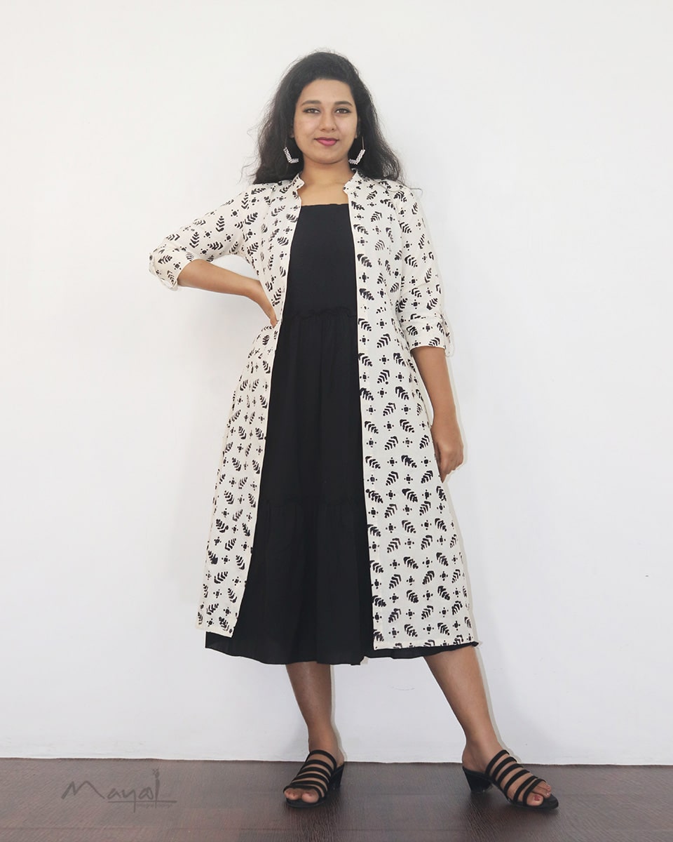 Black Cotton Fit And Flare Dresses With Overcoat