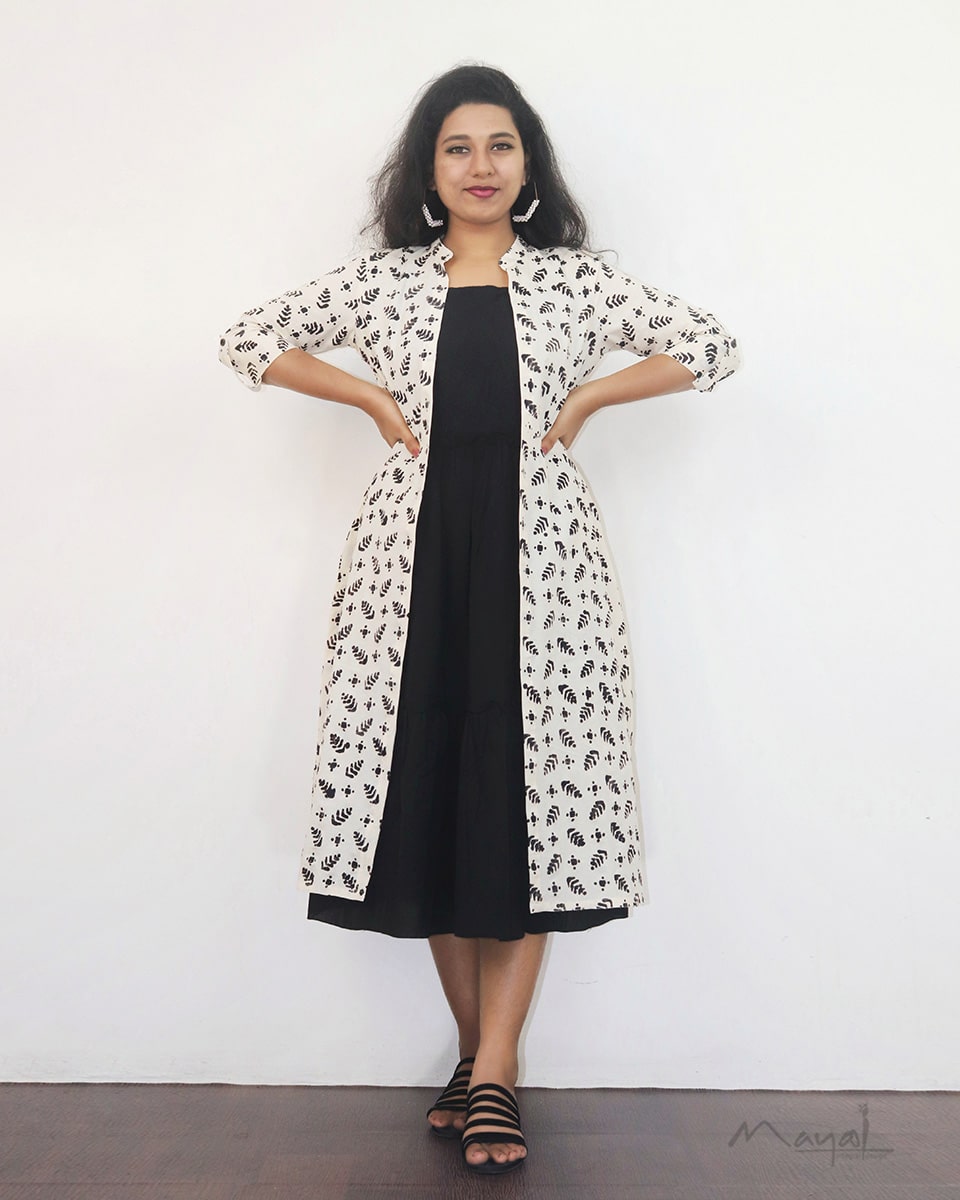 Black Cotton Fit And Flare Dresses With Overcoat