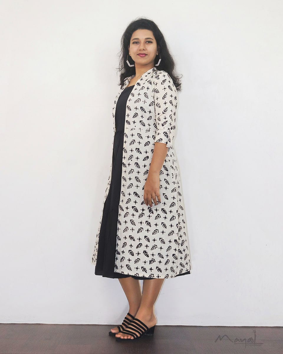Black Cotton Fit And Flare Dresses With Overcoat