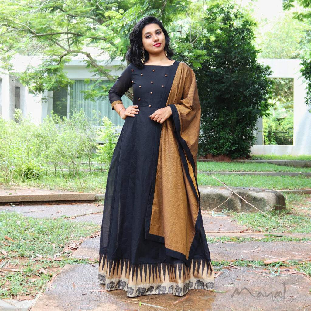 Black Chettinad Cotton Full Gown With Dupatta