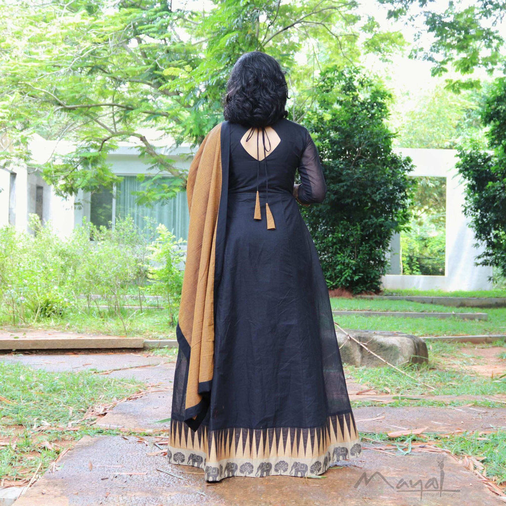 Black Chettinad Cotton Full Gown With Dupatta