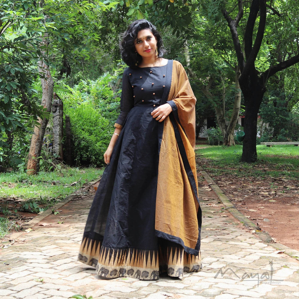 Black Chettinad Cotton Full Gown With Dupatta