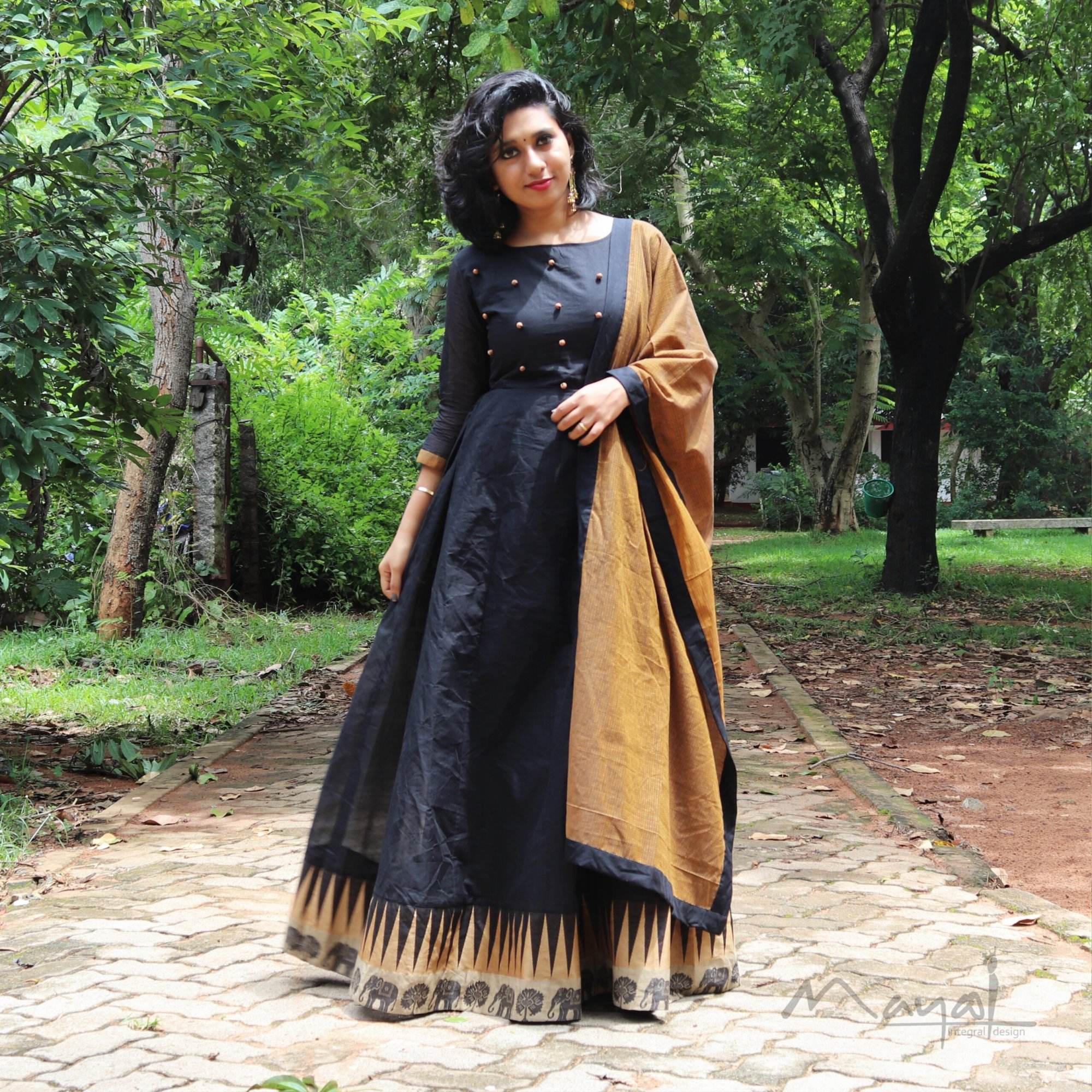 Black Chettinad Cotton Full Gown (Top Only)