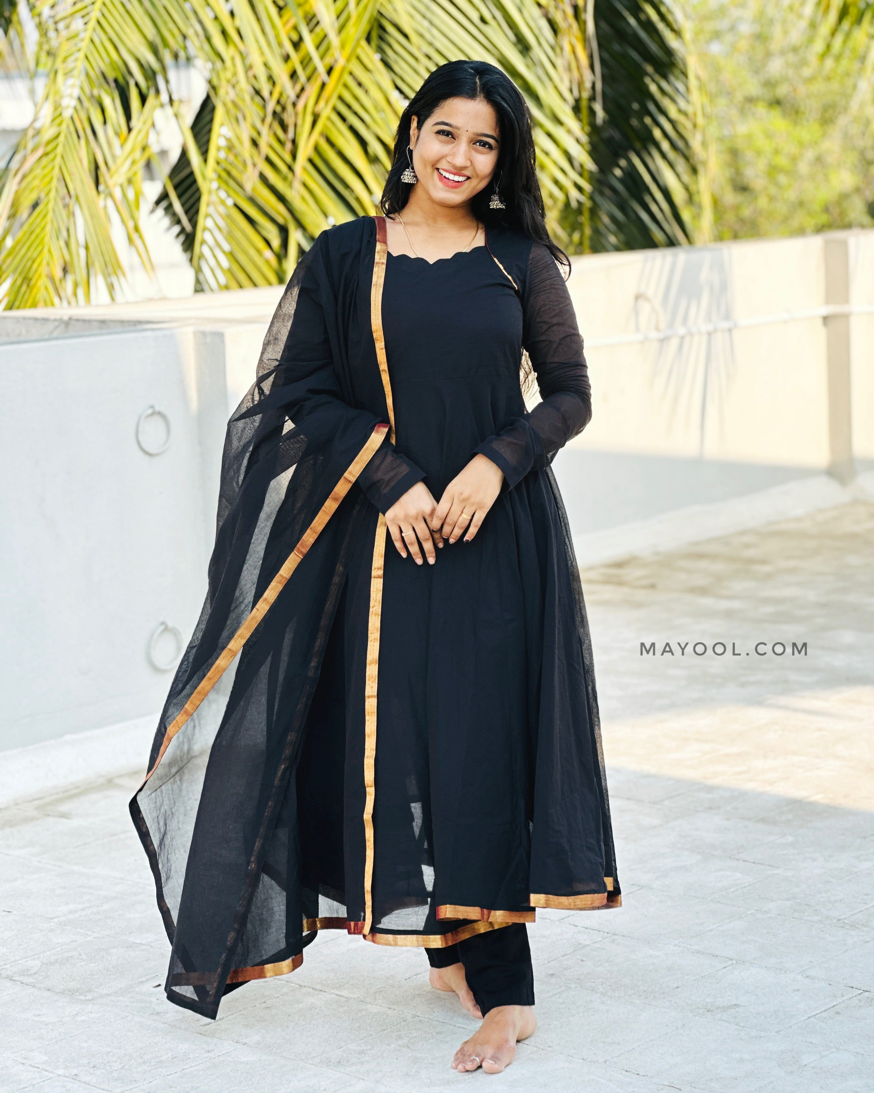 Black Chettinad Cotton Anarkali Dresses