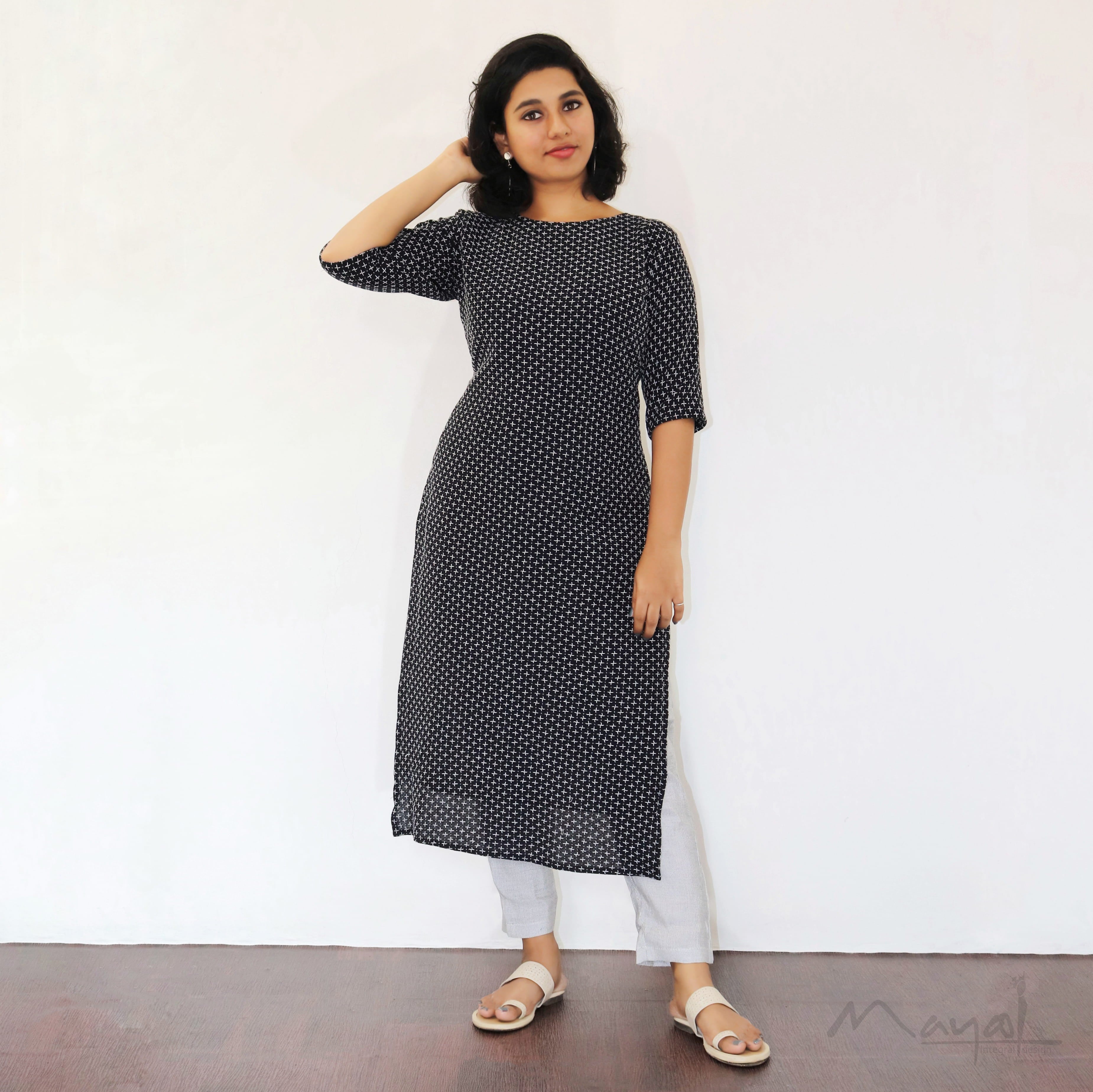 Black Criss-Cross Kantha Work Handwoven Cotton Kurta