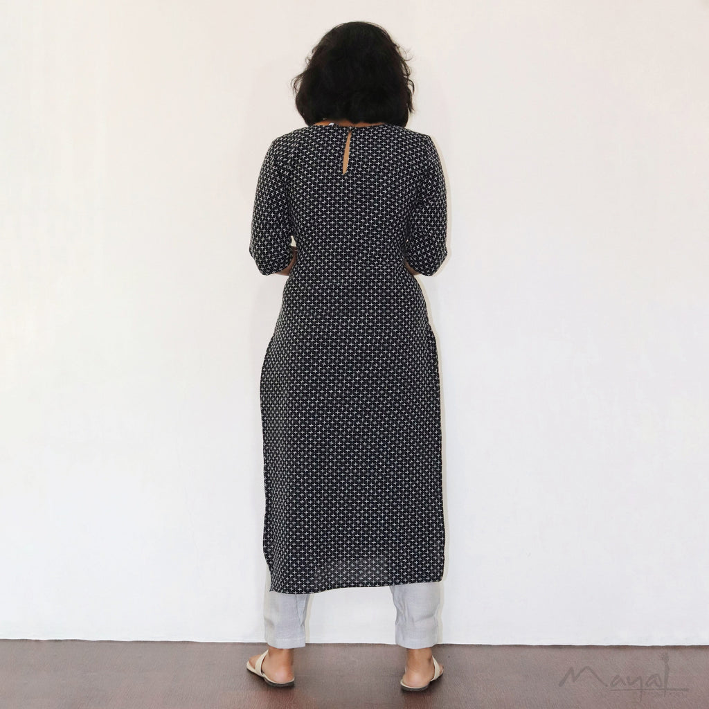 Black Criss-Cross Kantha Work Handwoven Cotton Kurta