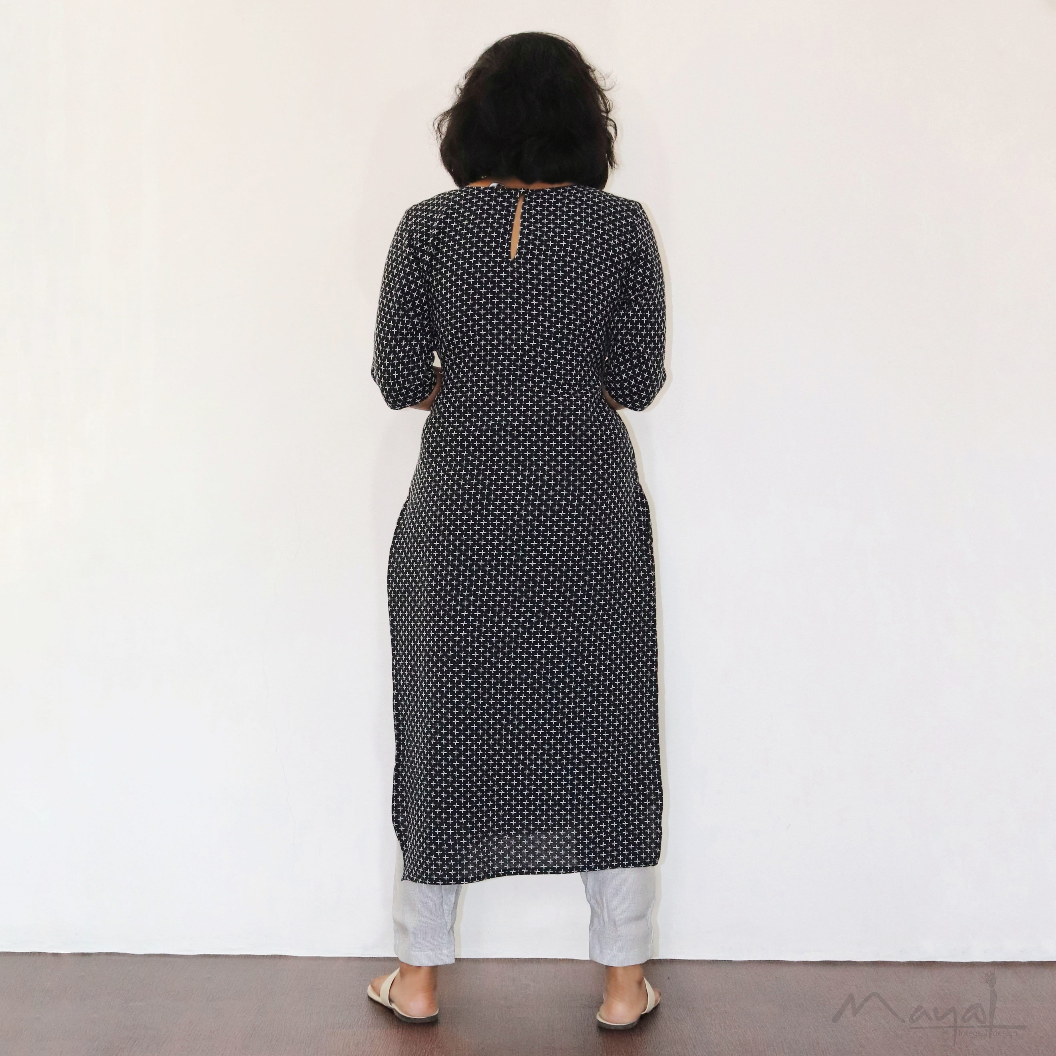 Black Criss-Cross Kantha Work Handwoven Cotton Kurta