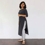 Black Criss-Cross Kantha Work Handwoven Cotton Kurta
