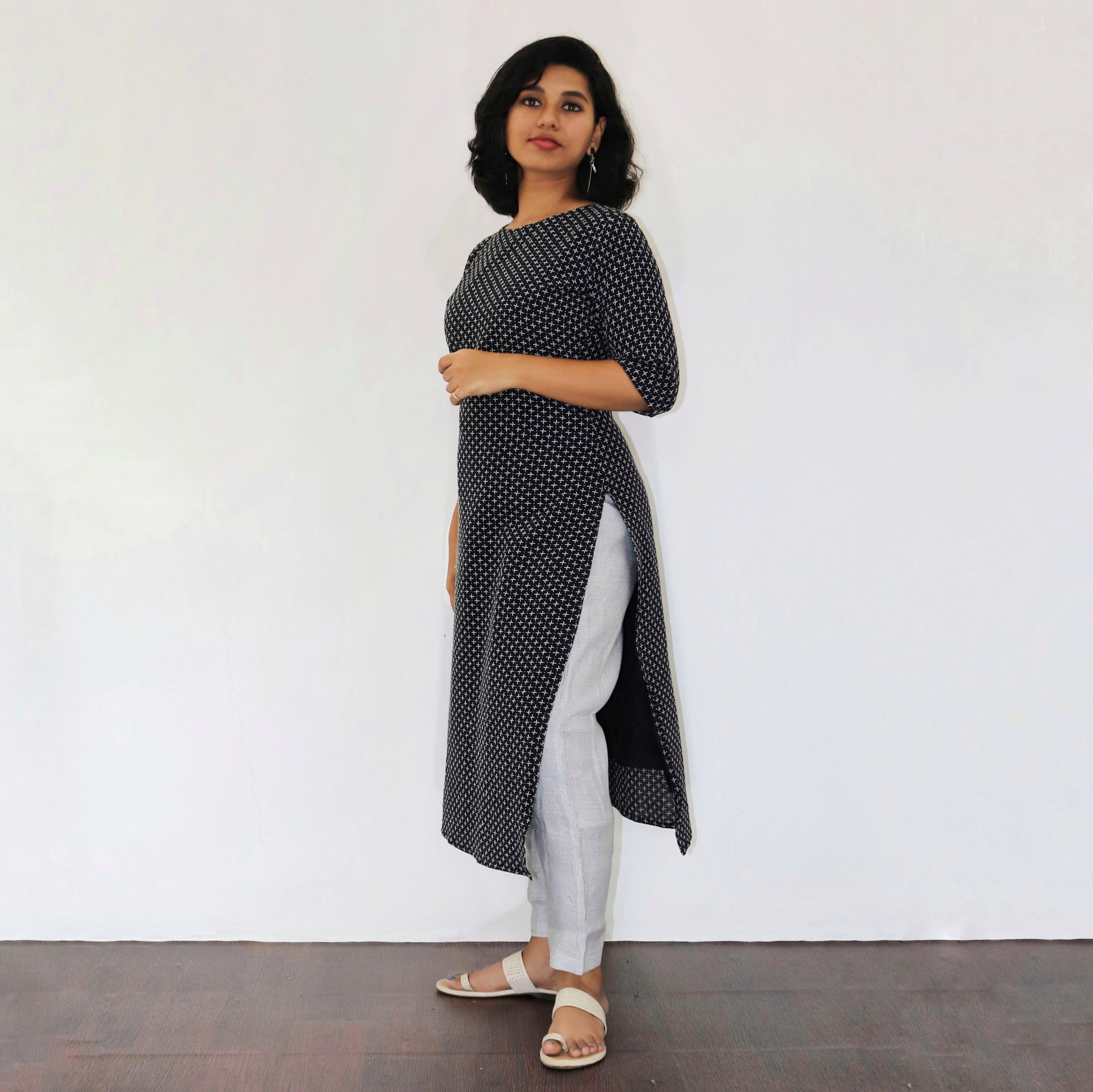 Black Criss-Cross Kantha Work Handwoven Cotton Kurta