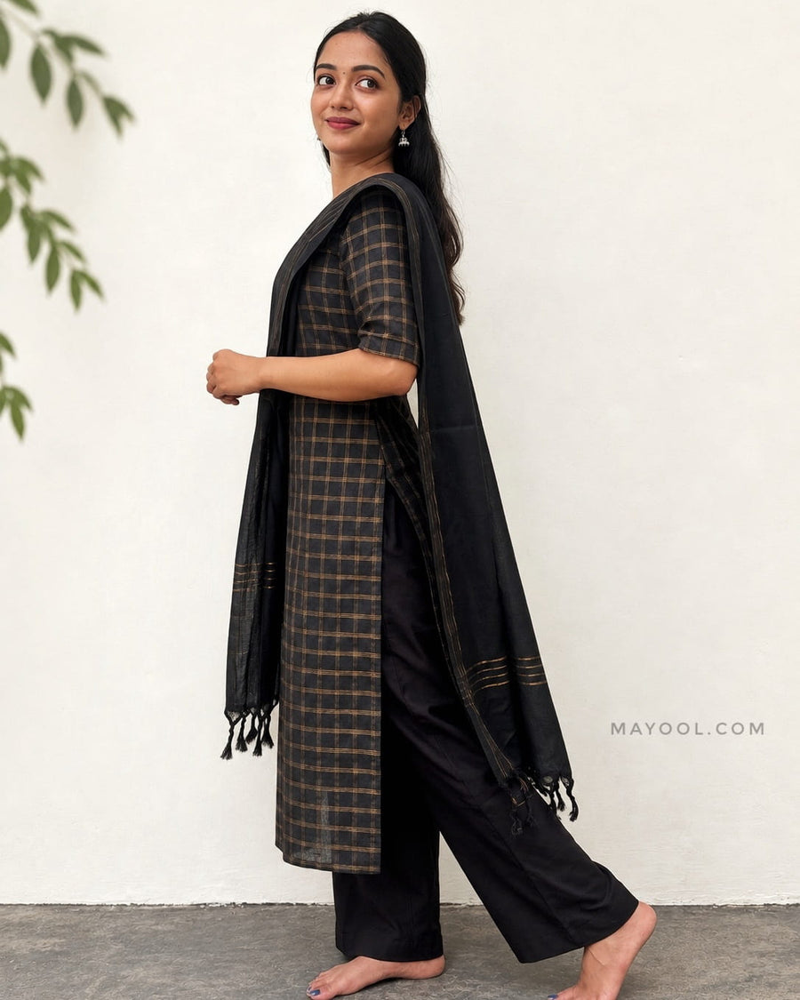 Black Jari Checks Cotton Kurta