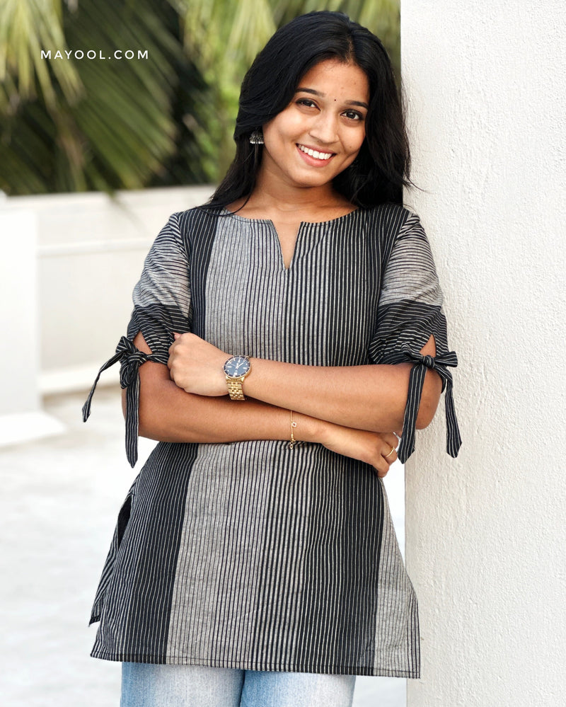 Black Grey Stripe Cotton Short Kurta