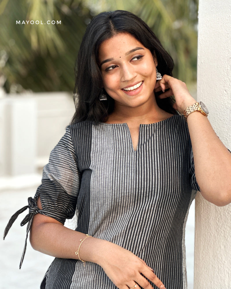 Black Grey Stripe Cotton Short Kurta