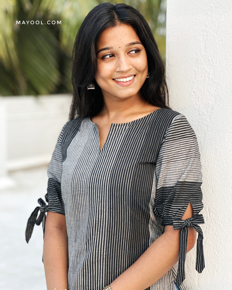 Black Grey Stripe Cotton Short Kurta