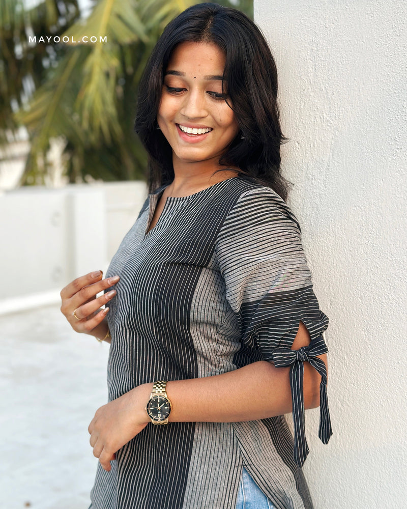 Black Grey Stripe Cotton Short Kurta