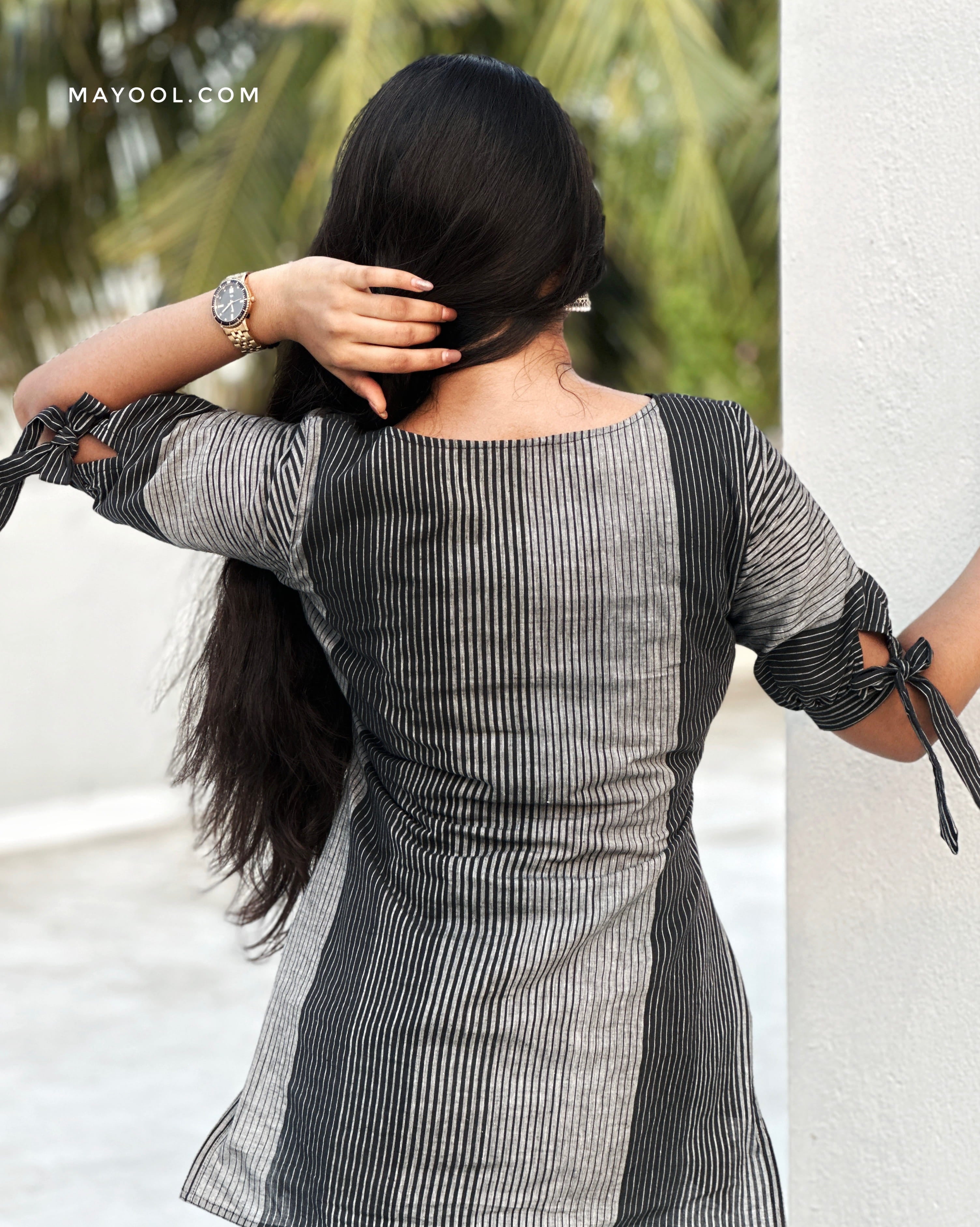 Black Grey Stripe Cotton Short Kurta