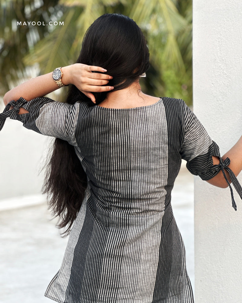 Black Grey Stripe Cotton Short Kurta