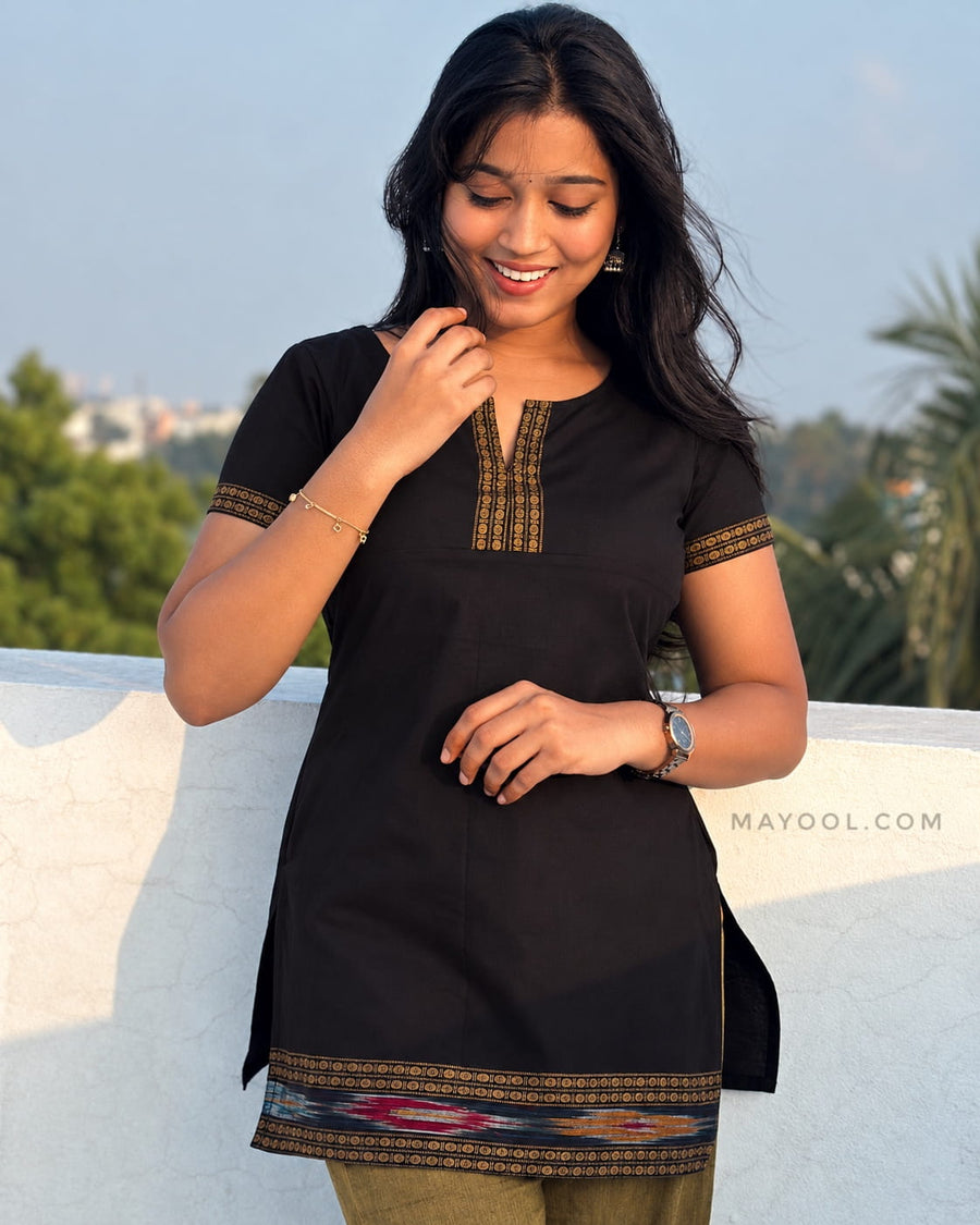 Black Jari Border Cotton Short Kurta