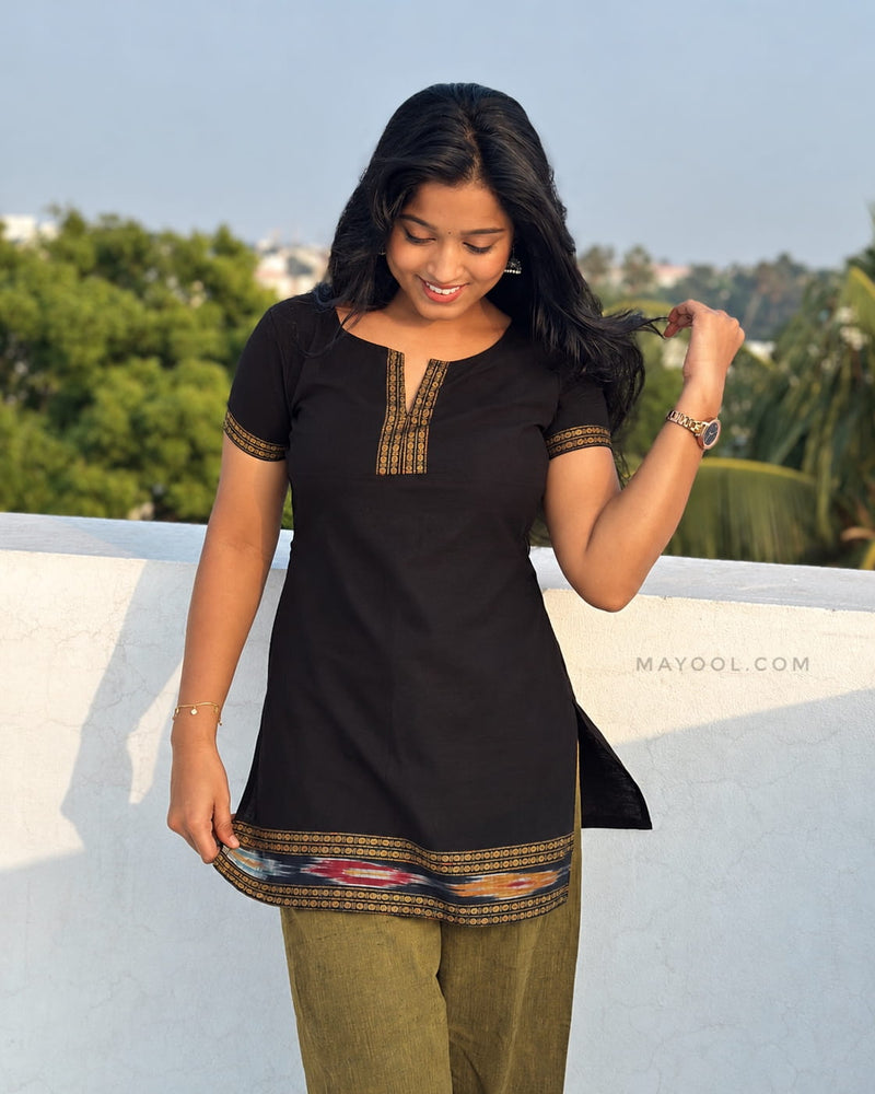Black Jari Border Cotton Short Kurta