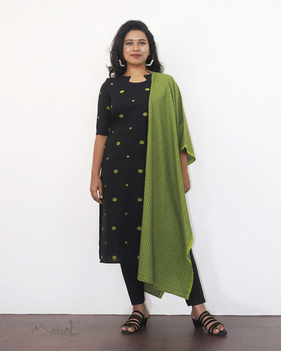 Black Polka Green Dot Cotton Kurta With Dupatta