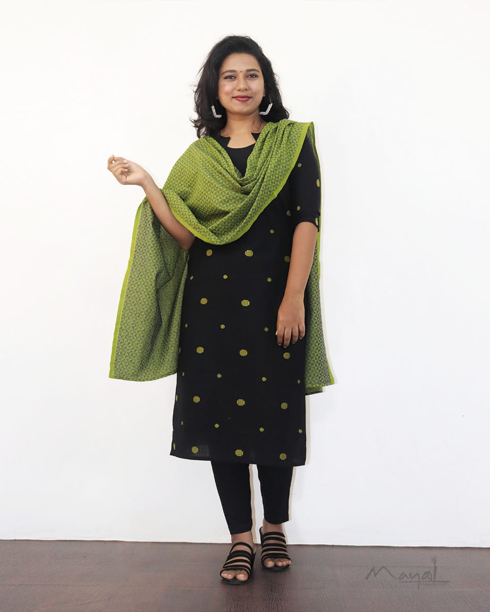 Black Polka Green Dot Cotton Kurta With Dupatta