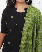 Black Polka Green Dot Cotton Kurta With Dupatta