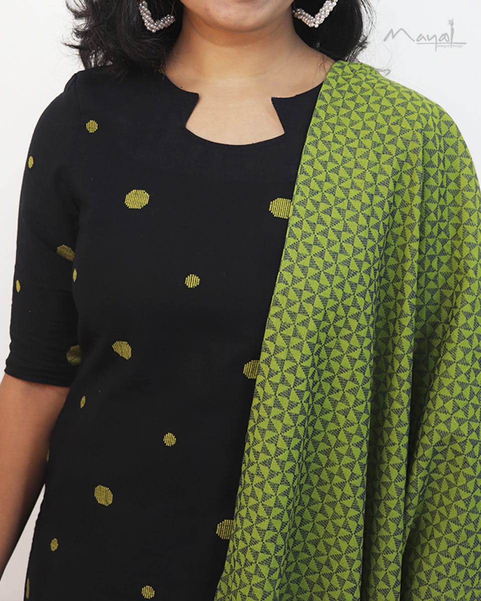Black Polka Green Dot Cotton Kurta With Dupatta