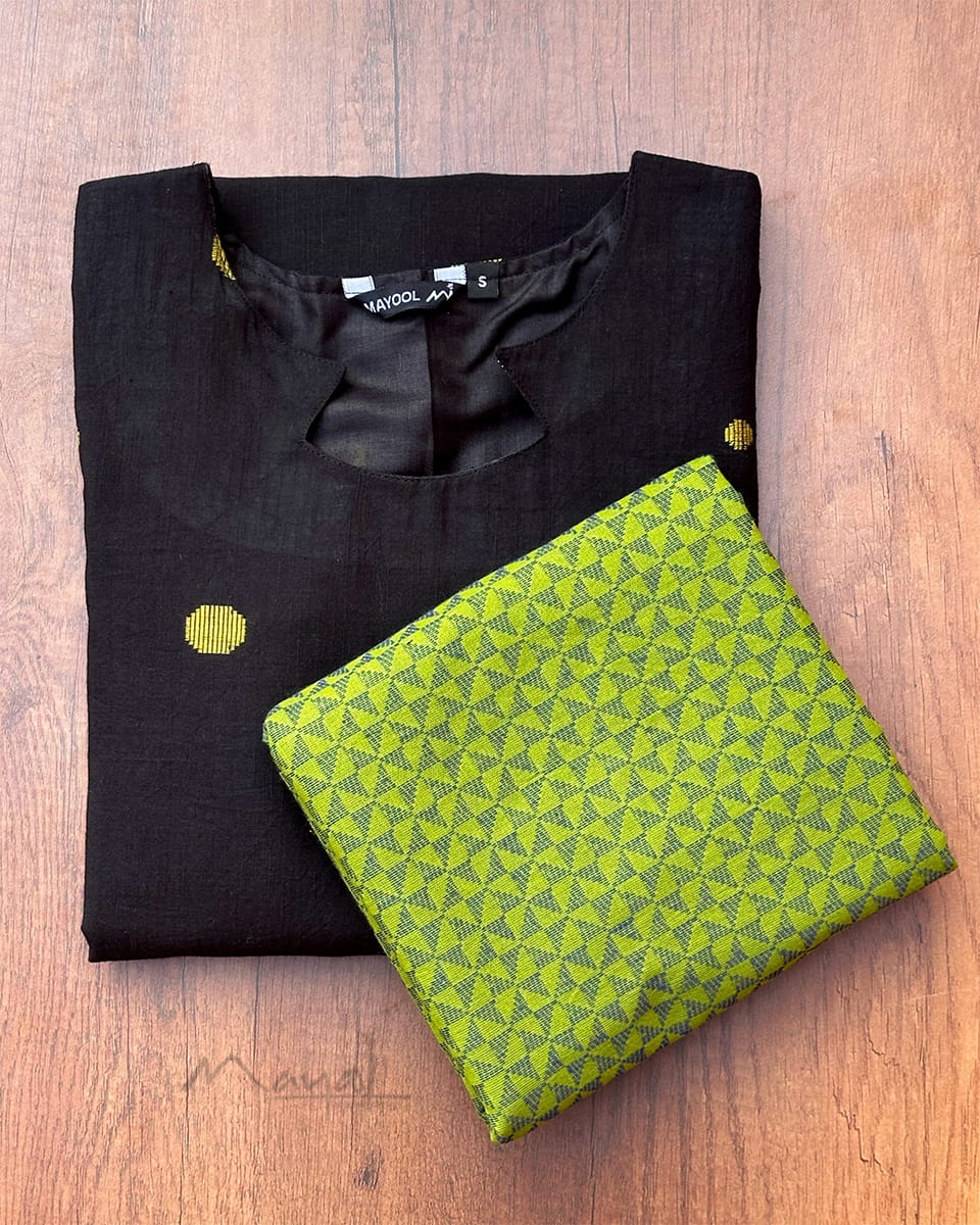 Black Polka Green Dot Cotton Kurta With Dupatta