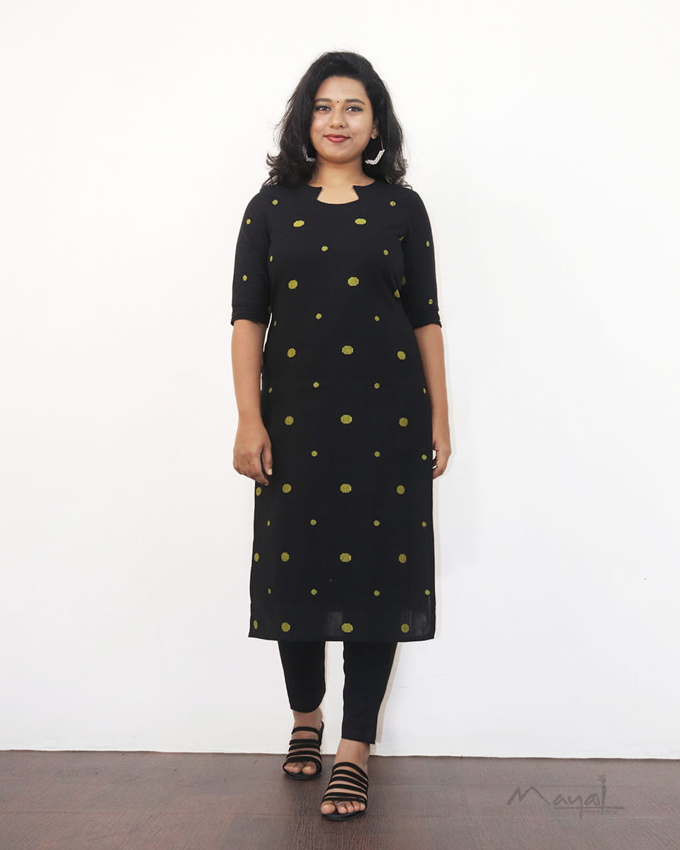 Black Polka Green Dot Cotton Kurta With Dupatta