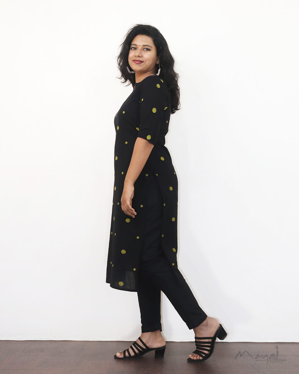 Black Polka Green Dot Cotton Kurta With Dupatta