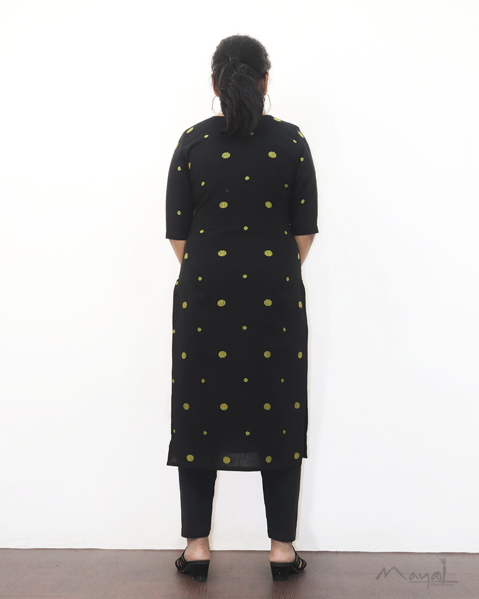 Black Polka Green Dot Cotton Kurta With Dupatta