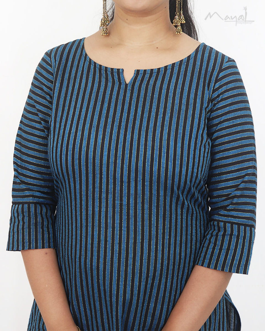 Blue Black Stripe Cotton Kurta