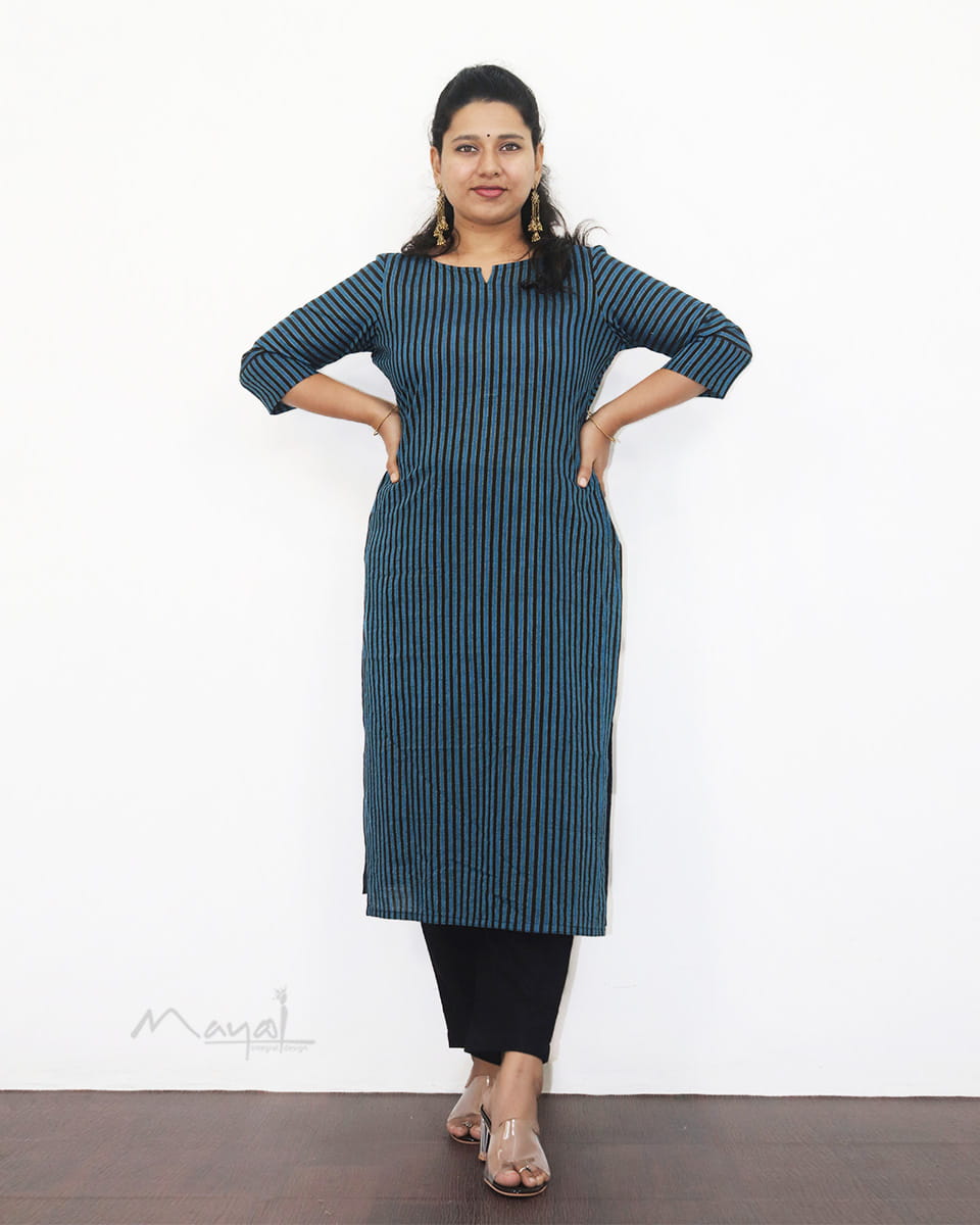 Blue Black Stripe Cotton Kurta