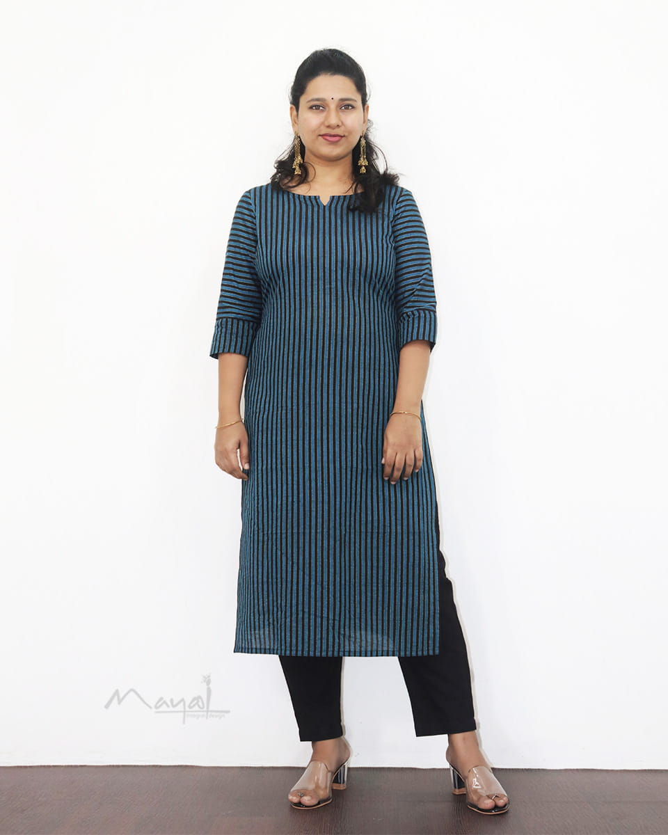 Blue Black Stripe Cotton Kurta
