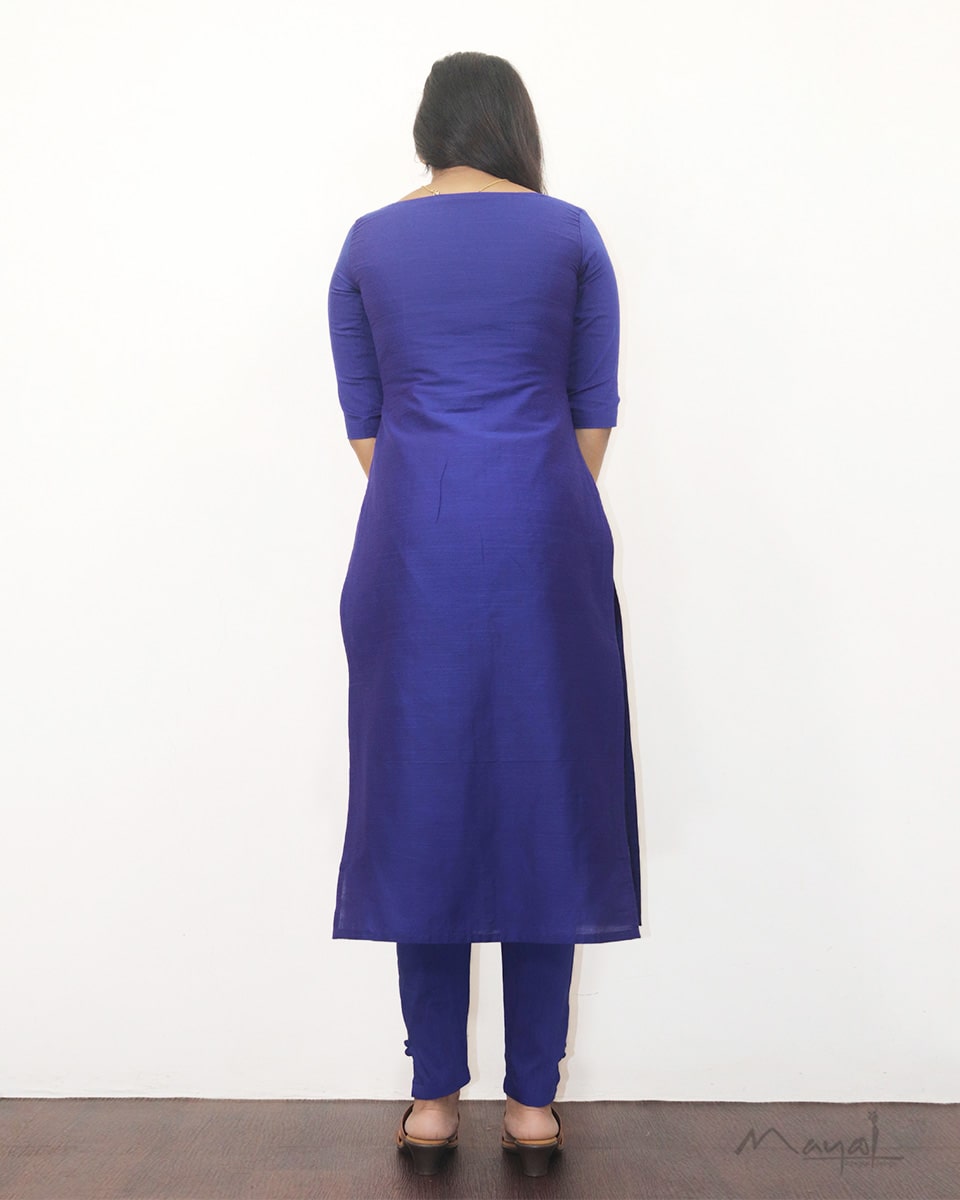 Blue Solid Silk Cotton Kurta