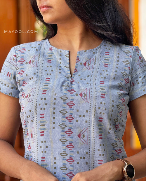 Blue Denim Printed Short Kurta
