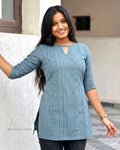Bluish Green Stripe Cotton Short Kurta