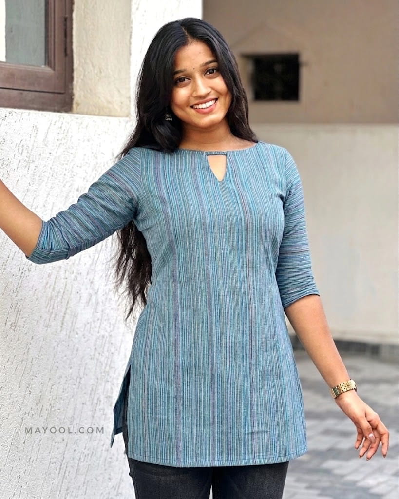 Bluish Green Stripe Cotton Short Kurta