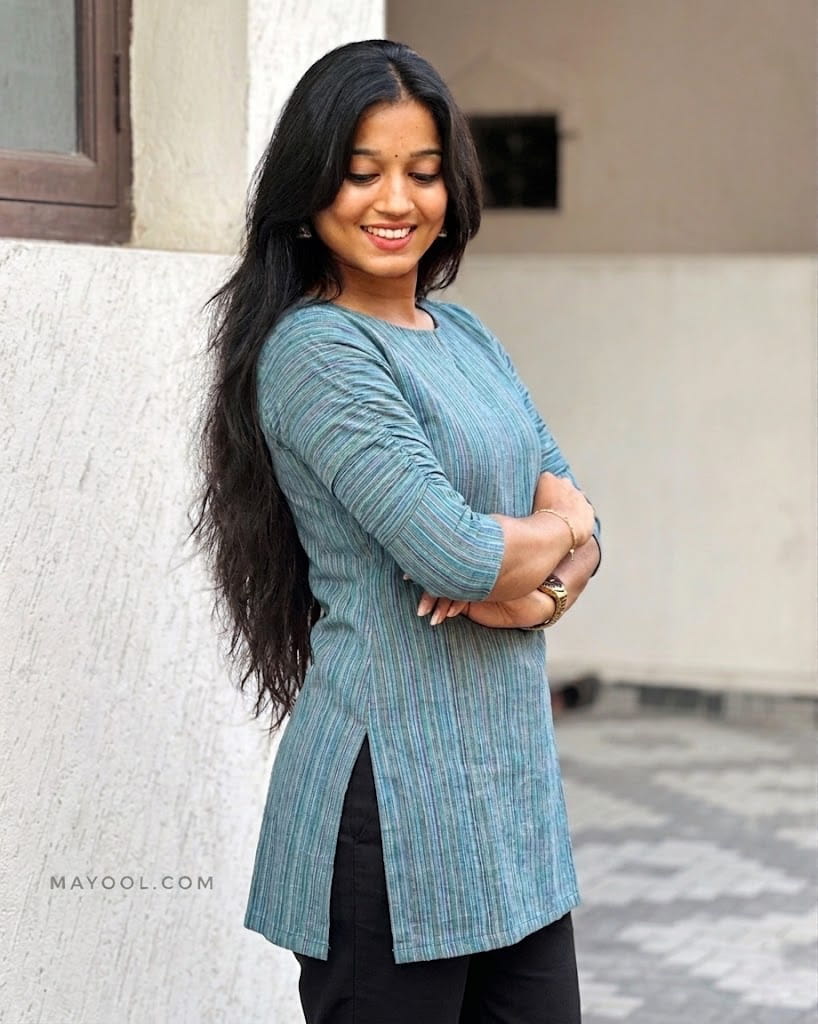 Bluish Green Stripe Cotton Short Kurta