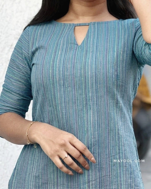 Bluish Green Stripe Cotton Short Kurta